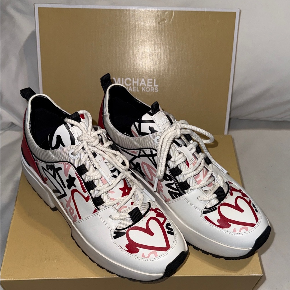 Michael Kors White and Red Heart Sneakers